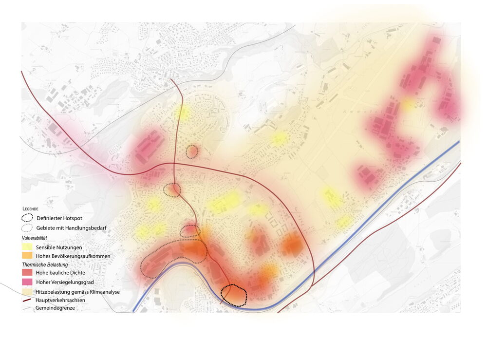 Das Beratungsbüro seecon gmbh hat eine 'Toolbox' entwickelt, die kleineren und mittleren Gemeinden dabei hilft, verletzliche Bewohnerinnen und Bewohner mit gezielten Massnahmen vor Hitze zu schützen. Die auf der Basis einer quantitativen Analyse erstellte Hotspot-Karte der Gemeinde Emmen illustriert exemplarisch die Gebiete, wo Massnahmen besonders dringend sind. (Illustration: seecon, eigene Darstellung, Februar 2021)